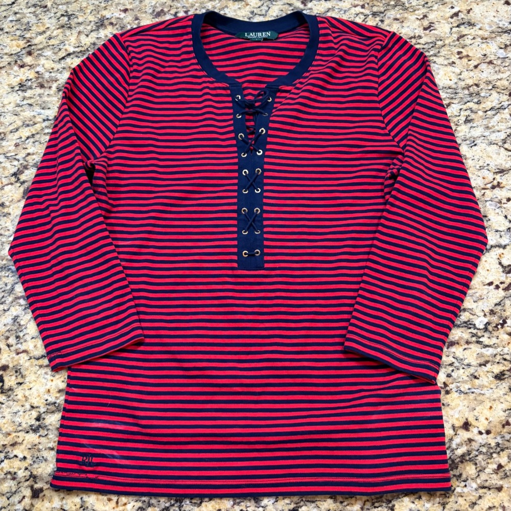 Lauren Ralph Lauren Womens Red Navy Blue Striped Lace Up Top Shirt Large LRL